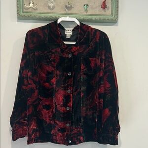 Vintage Chico silk rayon dark rose button front shirt jacket velvet Red/ Black